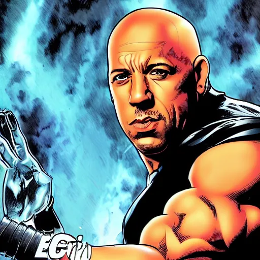 Image similar to Vin Diesel as a comic book hero fighting off evil,, 4k, comic book cover