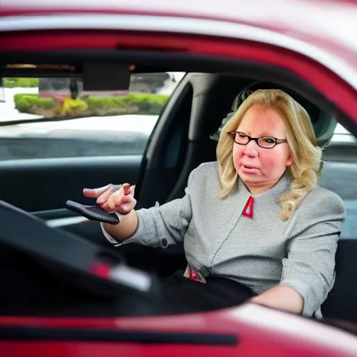 Image similar to angry liz cheney working as mcdonald's drive - thru employee