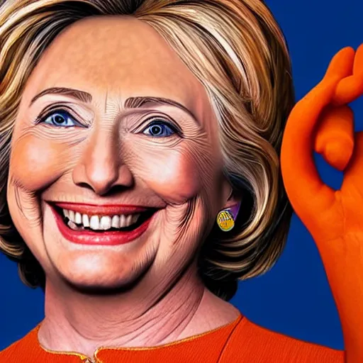 Prompt: portrait of president hillary clinton as a smiling laughing bright orange lizard person with bumpy skin, airbrush painting, hyper detailed, 8 k, photorealism, rule of thirds, glitter.