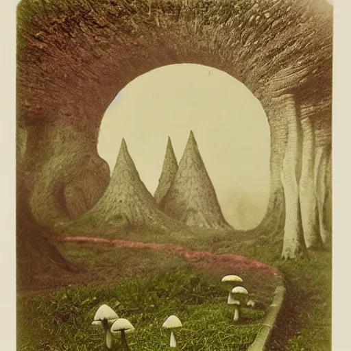 Image similar to Beautiful Victorian Photograph of a fantasy mushroom landscape