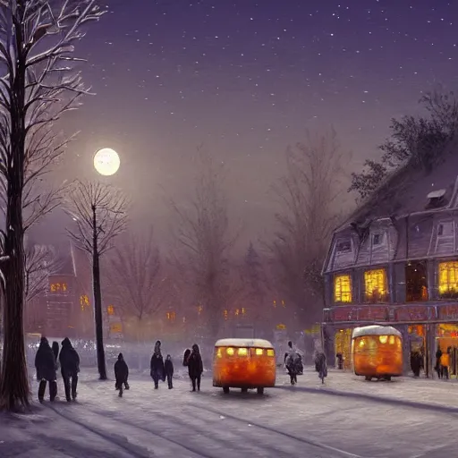 Image similar to winter town centre inspired by Evgeny Lushpin, Peter Zumthor,bus,people walking winter sunset,full moon,p