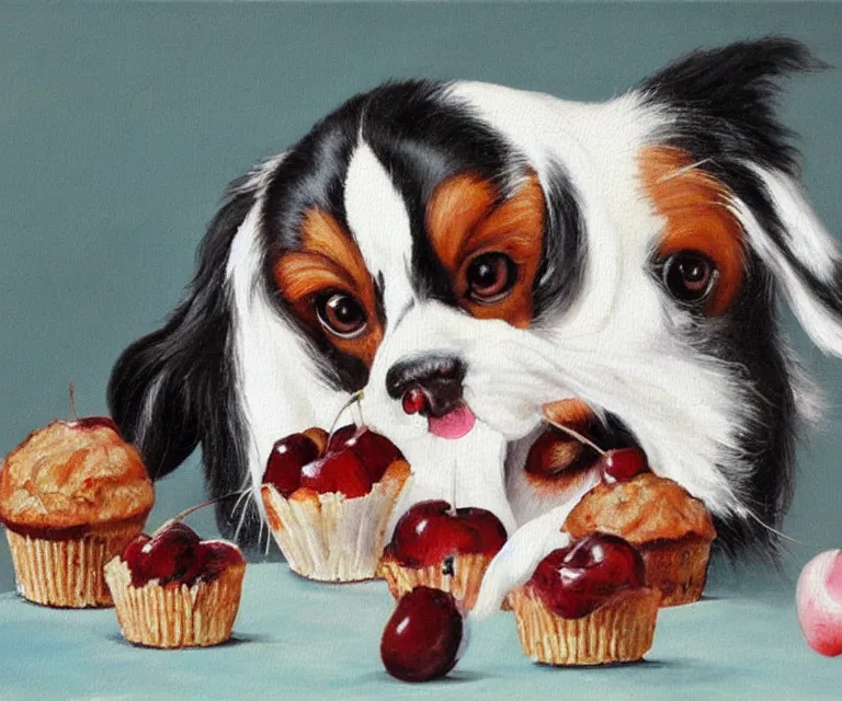 Image similar to white and black japanese chin dog eating cherry muffins, oil painting