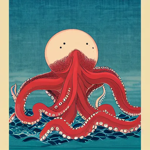 Prompt: CGI of giant octopus overlayed on ocean ukiyo-e background