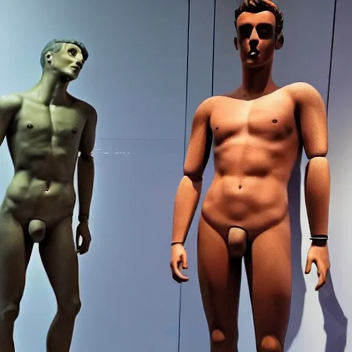 Image similar to “a realistic detailed photo of a guy who is an attractive humanoid who is half robot and half humanoid, who is a male android, British diver Tom Daley, shiny skin, posing like a statue, blank stare, at the museum, on display”