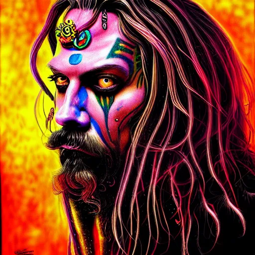 Prompt: An extremely psychedelic portrait of Rob Zombie, surreal, LSD, face, detailed, intricate, elegant, lithe, highly detailed, digital painting, artstation, concept art, smooth, sharp focus, illustration