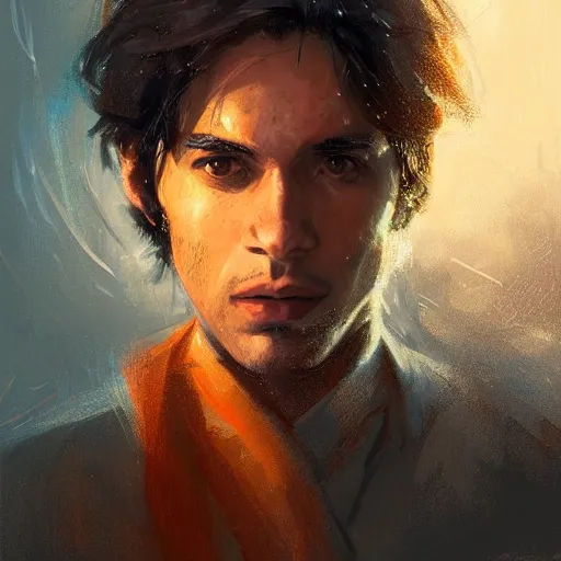 Image similar to portrait of a man by greg rutkowski, a young jedi night, arabian features, messy long black hair, wearing an orange flying jacket, star wars expanded universe, he is about 2 0 years old, highly detailed portrait, digital painting, artstation, concept art, smooth, sharp foccus ilustration, artstation hq