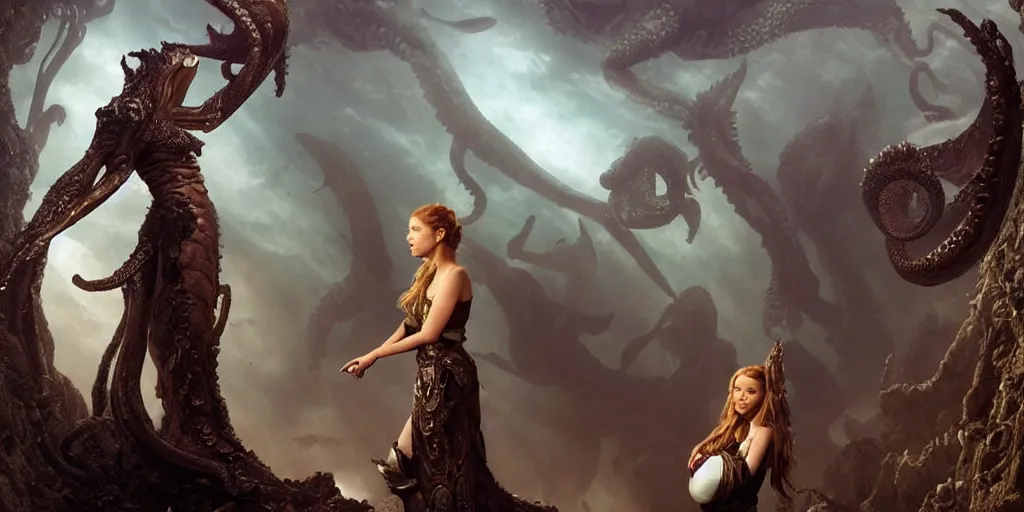 Image similar to Fantasy fairytale story, Great Leviathan Turtle, cephalopod, Cthulhu Squid, Mysterious Island, center Universe, accompany hybrid, Cory Chase, Blake Lively, Anya_Taylor-Joy, Grace Moretz, Halle Berry, Mystical Valkyrie, Anubis-Reptilian, Atlantean Warrior, intense fantasy atmospheric lighting, hyperrealistic, William-Adolphe Bouguereau, François Boucher, Jessica Rossier, Michael Cheval, michael whelan, Cozy, hot springs hidden Cave, Forest, candlelight, natural light, lush plants and flowers, Spectacular Mountains, bright clouds, luminous stellar sky, outer worlds, Solar Flare Unreal Engine, HD,