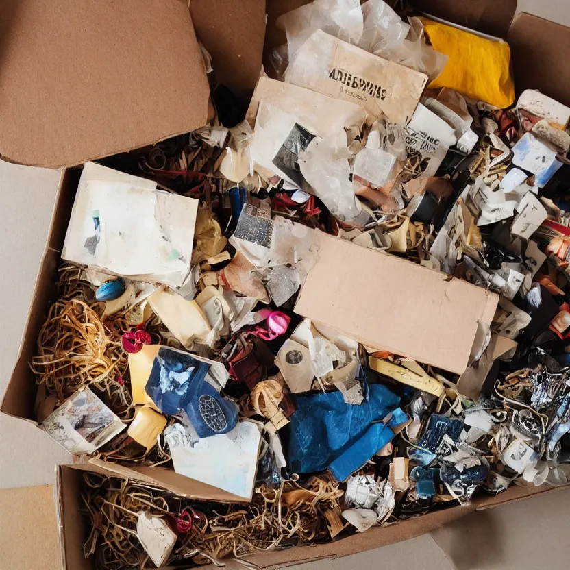 Prompt: a box of objects, various sizes, indoors, photograph