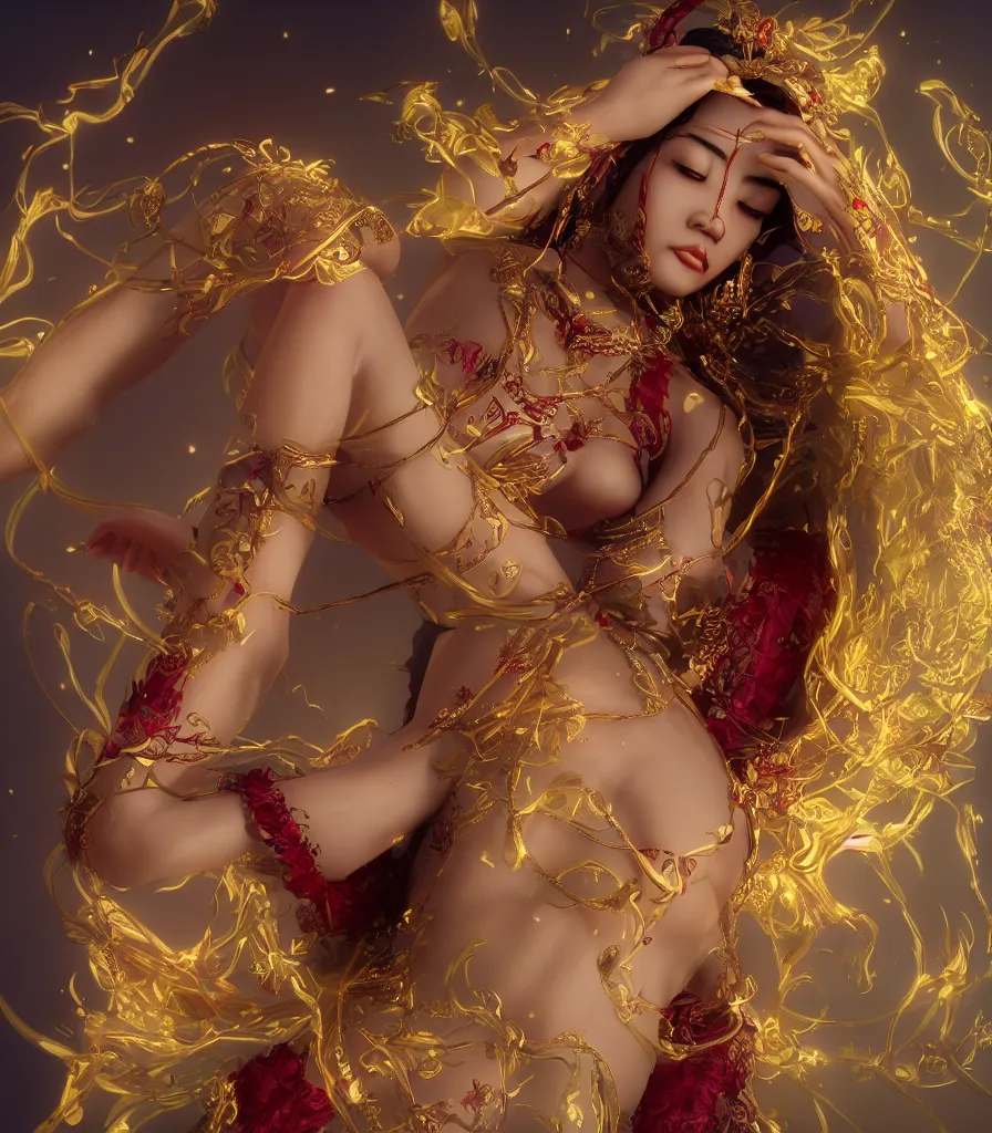 Prompt: closeup photoshoot of asian goddess of bliss and honey, silk flowing in wind, totemic ritualistic tarot sigils embedded in ruby skin, photoreal, unreal engine, redshift render, trending on artstation