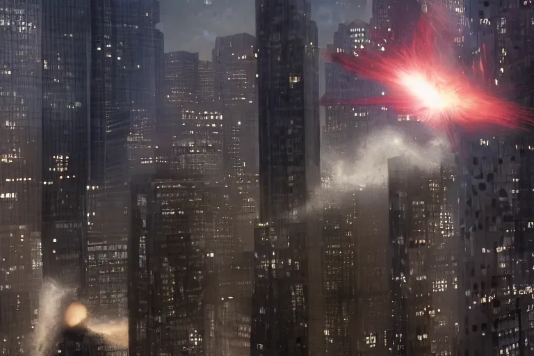 Prompt: VFX movie portrait closeup powerful DC vs. Marvel hero space marine natural skin, natural evening light in the city exploding skyscrapers war zone by Emmanuel Lubezki