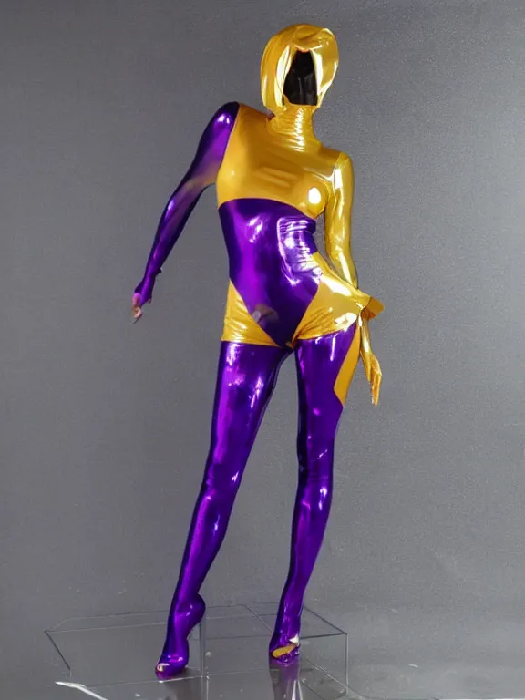 Image similar to very tight Translucent metallic mirror chrome purple and Gold latex crazy outfit on a gray plastic mannequin