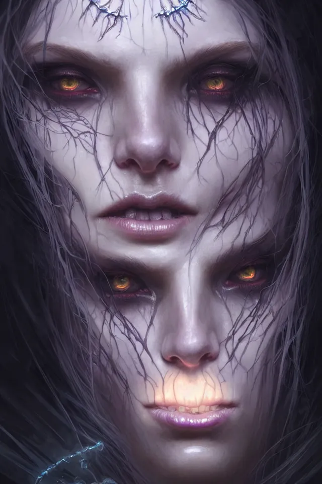 Image similar to Necromancer Sorceress face close-up macro in center, fantasy magic, undercut hairstyle, dark light night, intricate, elegant, sharp focus, illustration, highly detailed, digital painting, concept art, matte, art by WLOP and Artgerm and Greg Rutkowski and Alphonse Mucha, masterpiece