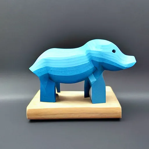 Image similar to a beautiful minimalist curvy shaped small sculpture of hippopotamus hippo baby, wood and blue epoxy, cubic blocks mix stripes cuts, detailed, fine, gorgeous