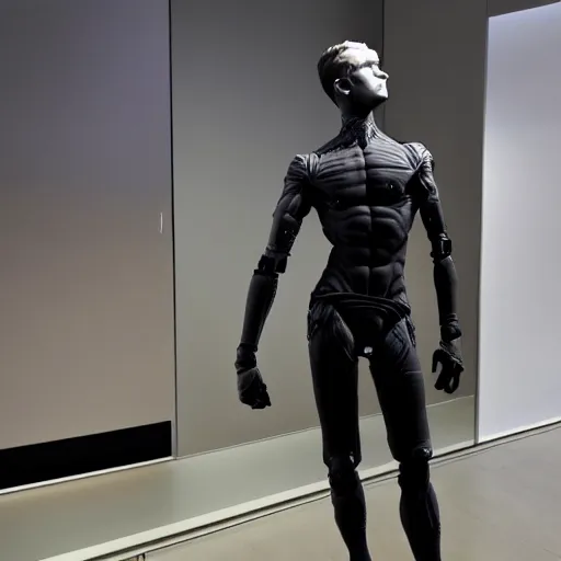 Image similar to a realistic detailed photo of a guy who is an attractive humanoid who is half robot and half humanoid, who is a male android, twitch streamer ninja tyler blevins, shiny skin, posing like a statue, blank stare, at the museum, on display