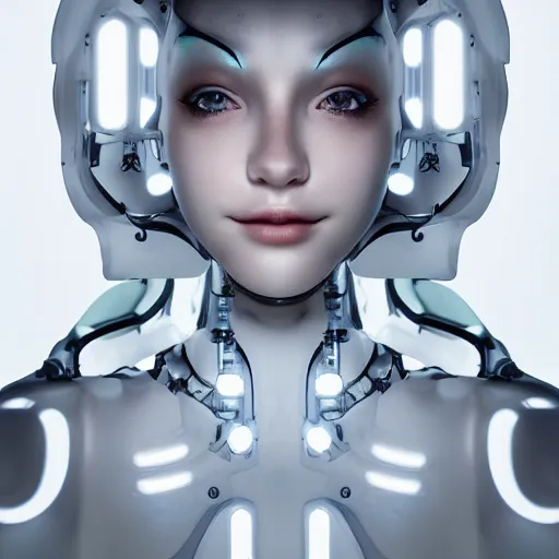 Image similar to beautiful centered fine art photo portrait of sleepy beautiful girl as a solarpunk robotic humanoid, white mechanical parts with led lights, photorealistic human face, white background, highly detailed and intricate, soft box lighting, hdr 8 k