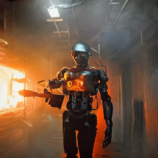 Image similar to cyborg with toaster oven chest, dark messy smoke - filled cluttered workshop, dark, dramatic lighting, orange tint, sparks, cinematic, highly detailed, sci - fi, futuristic, movie still