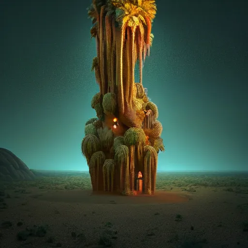 Prompt: monolith in a desert lush vegetation, warm tones, night, water reflection, bioluminescent translucent : : by michal karcz, daniel merriam, victo ngai and guillermo del toro : : ornate, dynamic, particulate, intricate, elegant, highly detailed, centered, artstation, smooth, sharp focus, octane render, 3 d