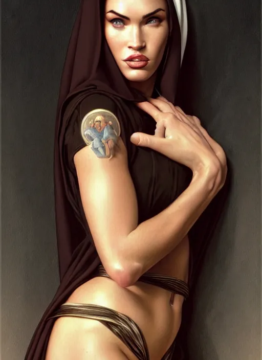 Image similar to portrait of megan fox as a sultry nun, catholic, church, bible, christian, intrigante, headshot, highly detailed, digital painting, artstation, concept art, sharp focus, cinematic lighting, illustration, art by artgerm and greg rutkowski, alphonse mucha, cgsociety