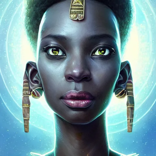 Image similar to highly detailed portrait of an african egyptian goddess, intricate alien technology, stephen bliss, unreal engine, fantasy art by greg rutkowski, loish, rhads, ferdinand knab, makoto shinkai and lois van baarle, ilya kuvshinov, rossdraws, tom bagshaw, global illumination, radiant light, detailed and intricate environment