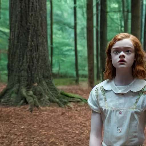 Image similar to Sadie Sink (Maxine Mayfield) from Stranger Things kneeling in a forest looking straight ahead, cinematic, soft realistic lighting, establishment scene, extremely high details, photorealistic, 8k