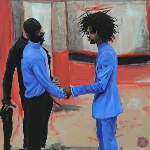 Image similar to painting of Playboi Carti shaking hands with Drake