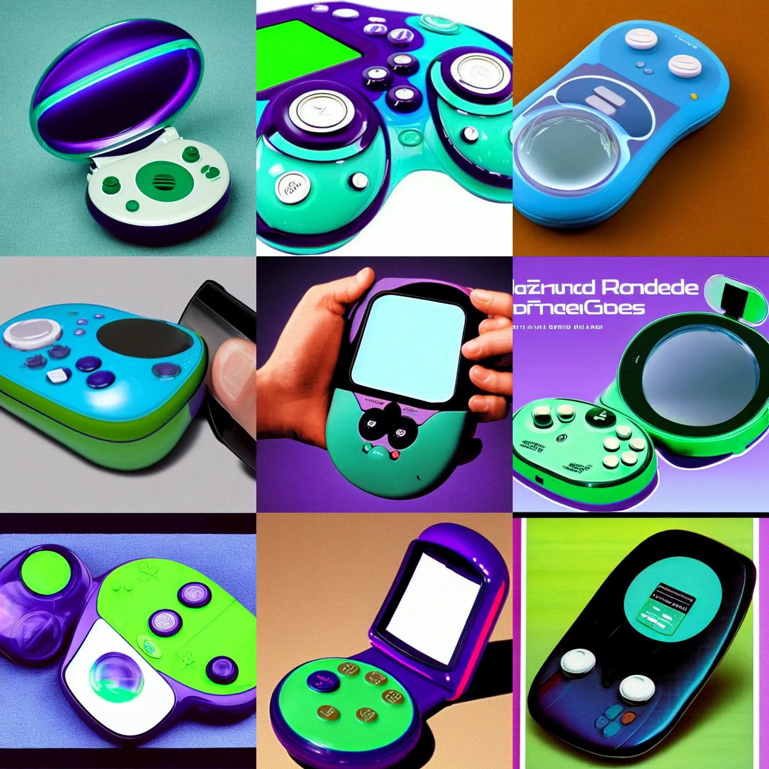 Prompt: an ad from 2003 for a futuristic round translucent handheld game console with a blue green and purple color scheme, wacky, zany