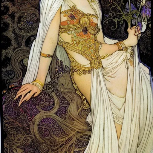 Image similar to beautiful ishtar goddess in long flowy dress, porcelain skin by rebecca guay and mucha