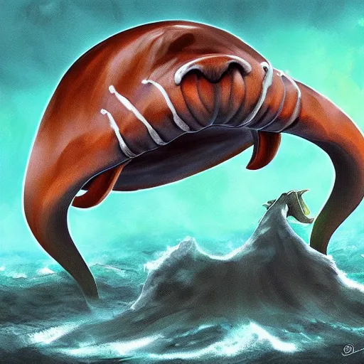 Image similar to A stunning digital painting of a walrus squid monster, professional digital art