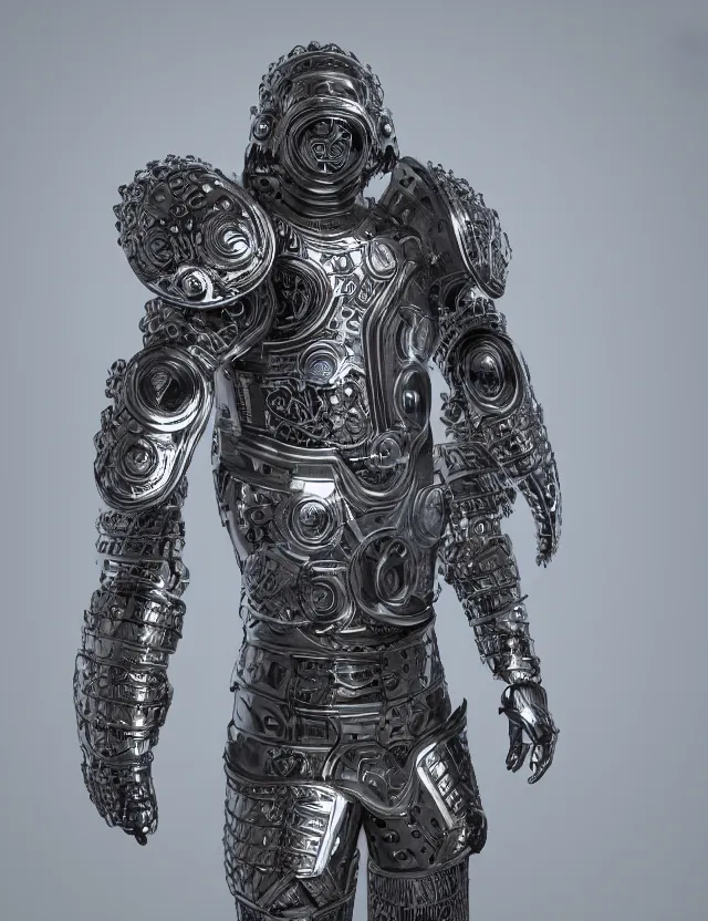 Prompt: full body shot, digital realistic 3 d rendering of a futuristic retro spacepunk intricate armor holy paladin with light powers and intricate head armor, highly detailed, 4 k, hdr, smooth, sharp focus, high resolution, award - winning photo., corona render, substance painter hyper detailed armor. trending on art statation