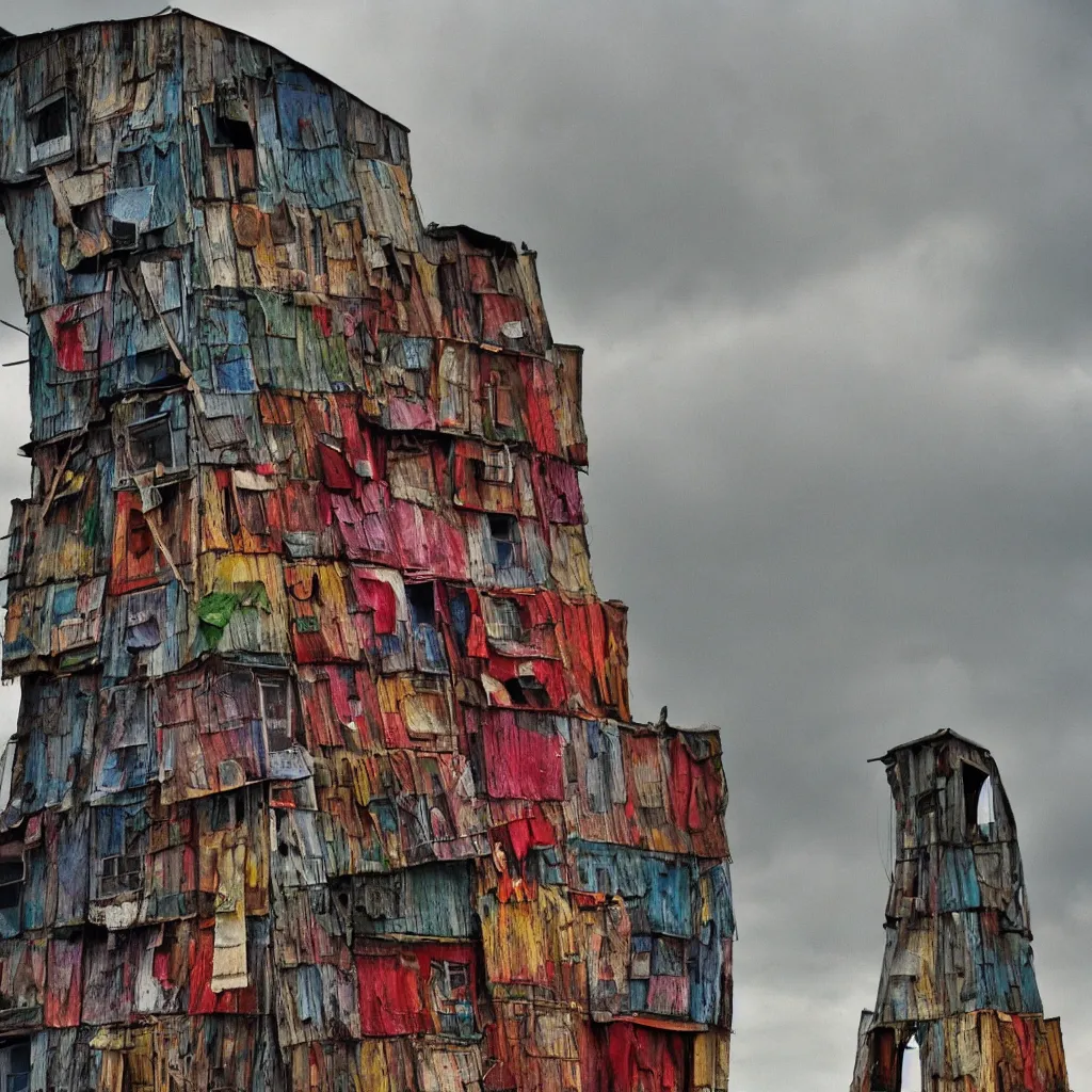 Image similar to close - up view of a tower made up of colourful makeshift squatter shacks, bleached colours, moody cloudy sky, dystopia, mamiya, f 1. 8, very detailed, photographed by bruno barbey and man ray