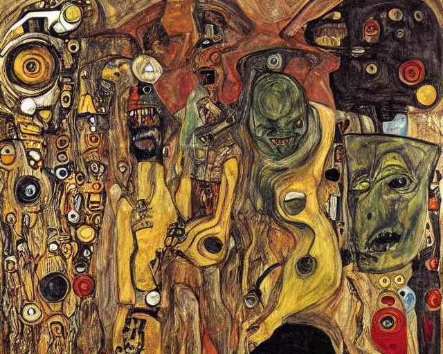 Prompt: a painting of a monsters and robots by graham sutherland, egon schiele, gustav klimt, neo - expressionism