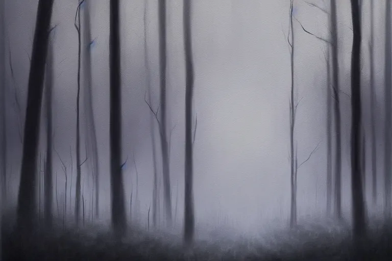 Image similar to dark and spooky painting of a forest dimly lit at night with tiny purple morning glory flowers trailing at the base of trees. foggy cinematic volumetric darkness, muted colour palette, detailed oil painting on canvas by robert hughes