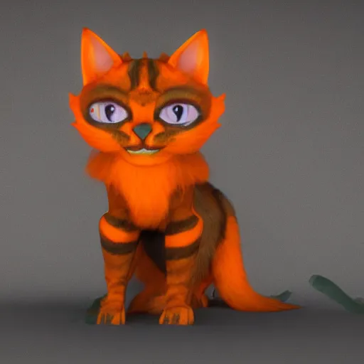 Prompt: tabaxi! with dark orange fur and (bright orange highlights) with glowing deep green eyes, character design, octane render, 4k