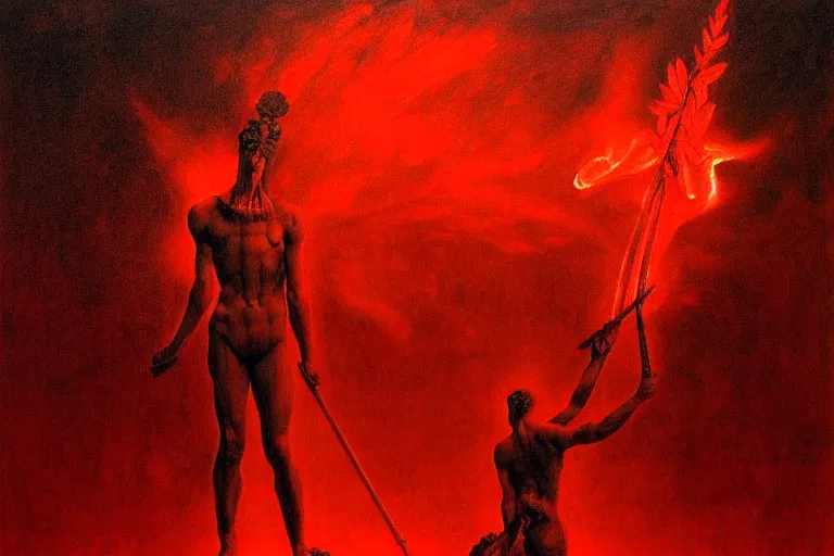 Image similar to only with red, a red melted apollo with a laurel wreath and a flaming sword announce the win, atene in the background, in the style of beksinski, part by hopper, part by rodcenko, part by hofbauer, intricate composition, red by caravaggio, insanely quality, highly detailed, masterpiece, red light, artstation