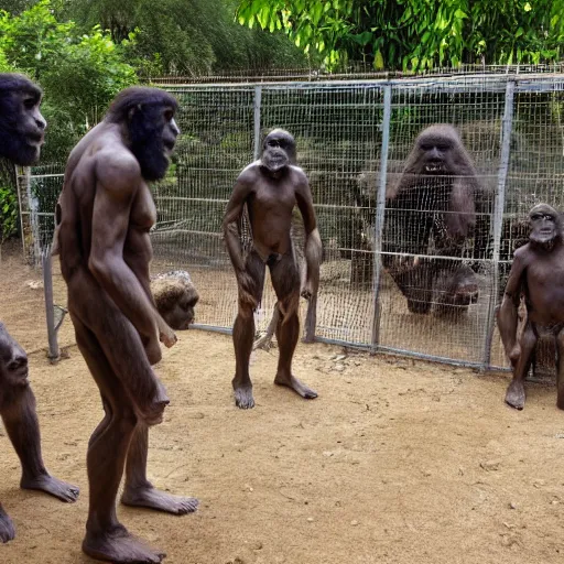 Image similar to human zoo, australopithecus, paranthropus, homo habilis, homo neanderthalensis, homo sapiens in an enclosure, watched by cyborgs, hd photograph