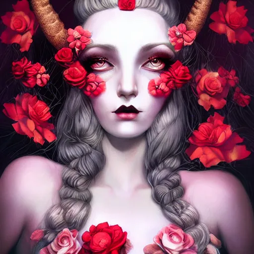 Image similar to of a woman,surreal Portrait inspired by Natalie Shau,Anna Dittman,flower crown,coral dress,horns,cinematic