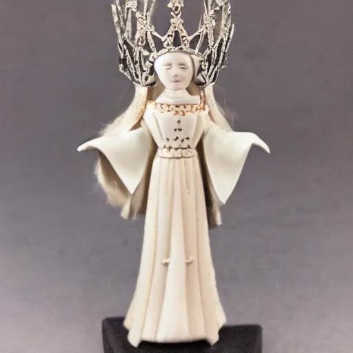 Image similar to photo of a beautiful nordic queen with ornate crown and cloak, 35mm