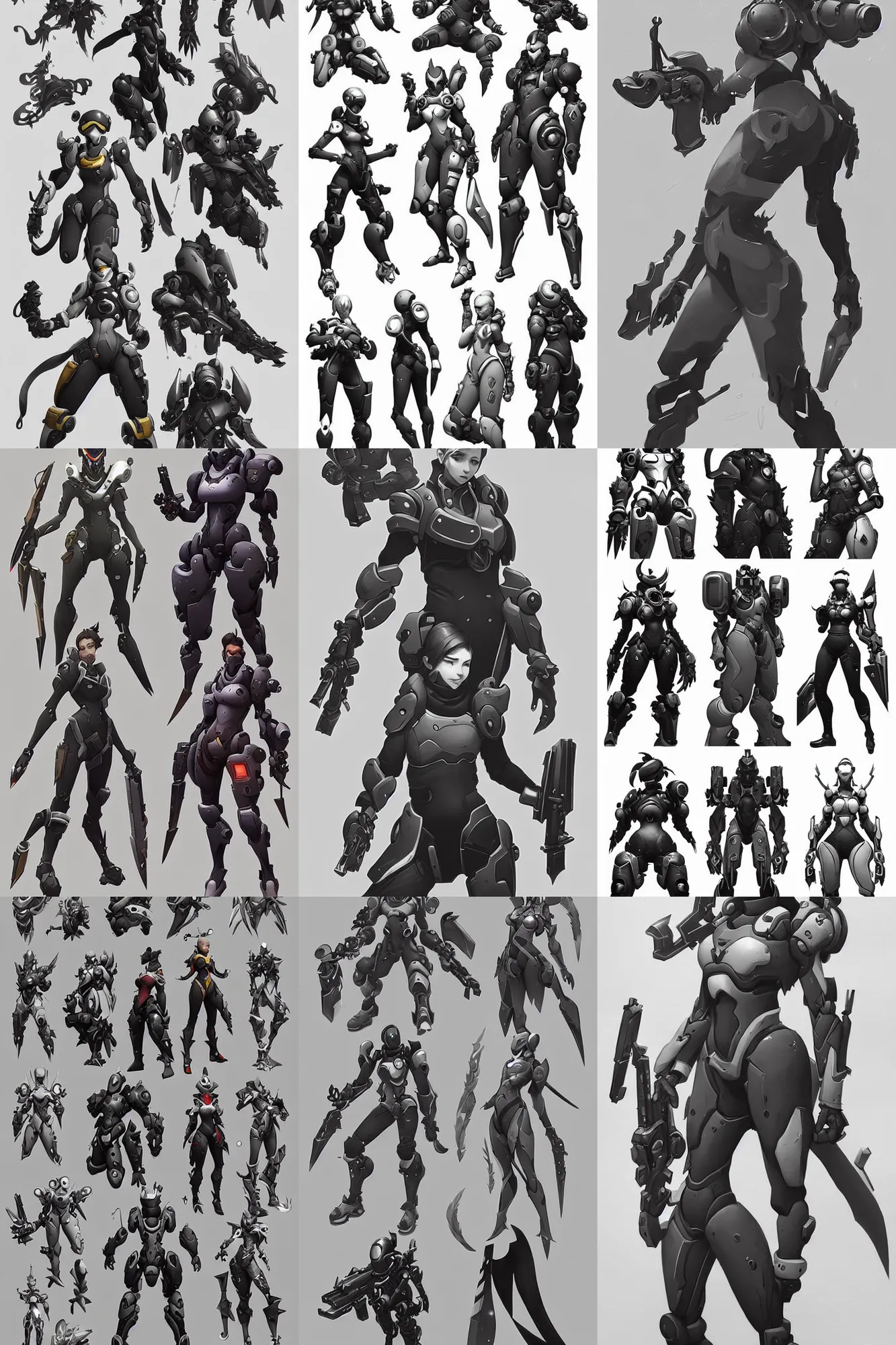 Prompt: detailed pencil spot illustrations of various character concepts from the overwatch and destiny crossover, various poses, cybernetics, futuristic, by bridgeman, by burne hogarth, by ruan jia, by conrad roset, by yoshitaka amano, cgsociety, artstation.