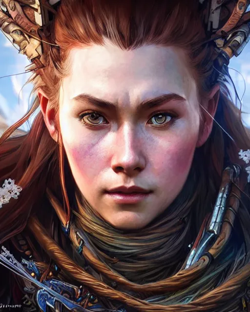 Image similar to Aloy (Horizon Zero Dawn), closeup, D&D, fantasy, intricate, elegant, highly detailed, digital painting, artstation, concept art, matte, sharp focus, illustration, hearthstone, art by Artgerm and Greg Rutkowski and Alphonse Mucha