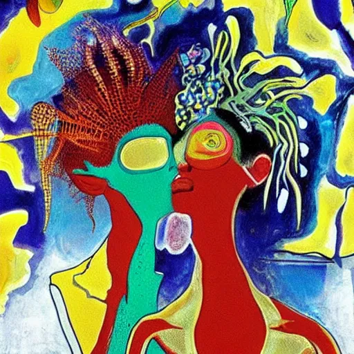 Image similar to beautiful painting of two bizarre psychedelic women kissing each other closeup in an aquarium in japan, speculative evolution, mixed media collage by basquiat and alex grey, magazine collage art, sapphic art, lesbian art