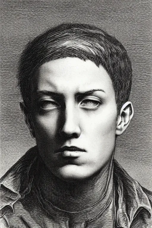 Image similar to portrait of eminem, Gustave Dore lithography