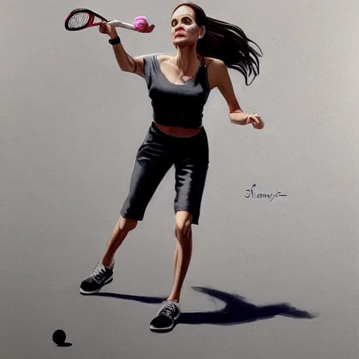 Image similar to angelina jolie playing tennis in the style of stefan kostic, realistic, full body, sharp focus, 8 k high definition, insanely detailed, intricate, elegant, art by stanley lau and artgerm