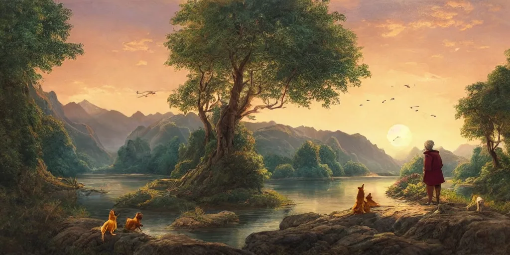 Prompt: A majestic landscape featuring a river, mountains and a forest. A group of birds is flying in the sky. There is an old man with a dog standing next to him. The man is wearing a backpack. They are both staring at the sunset. Cinematic, very beautiful, painting in the style of Winnie the pooh