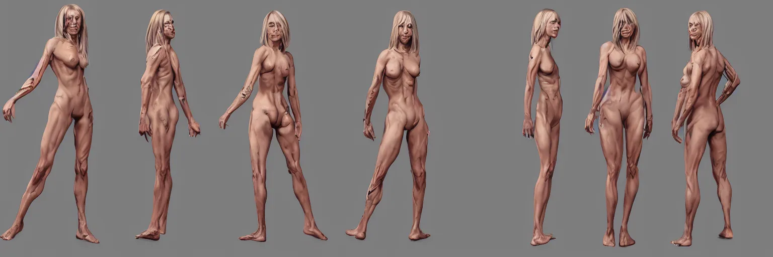Image similar to female character study of female iggy pop, 2 0 2 2, clear faces, emotional, character sheet, fine details, concept design, contrast, kim jung gi, pixar and da vinci, trending on artstation, 8 k, full body and head, turnaround, front view, back view, ultra wide angle