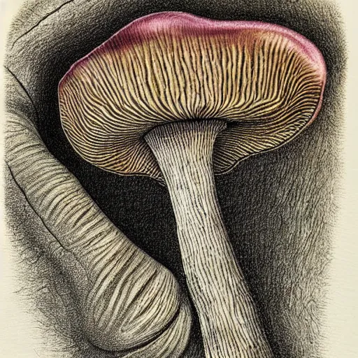 Image similar to a hybrid between a mushroom and a couch, insanely detailed, studio light, gustav dore, colored pencil