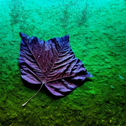 Prompt: photography of a pressed leaf underwater drapped with robes nouveau by bergler 8 k wide angle realistic