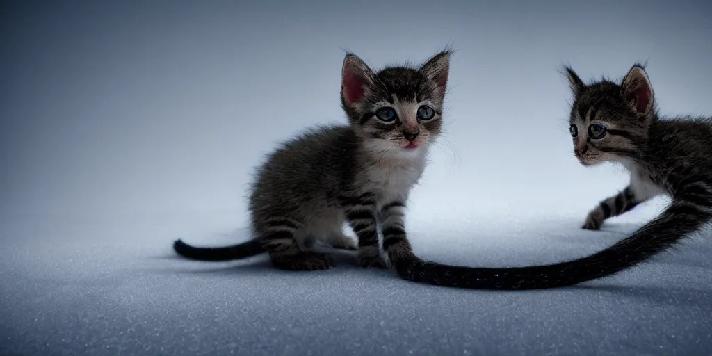 Image similar to cinematic photo of a single kitten with very long ears and an extremely long monkey's tail it is lying in the snow under the moonlight, studio lighting, in the style of rodger deakins and greig fraser and david fincher and denis villeneuve, moody, rim light, beautiful lighting, 8 k, stunning scene, blade runner, dune, seven,