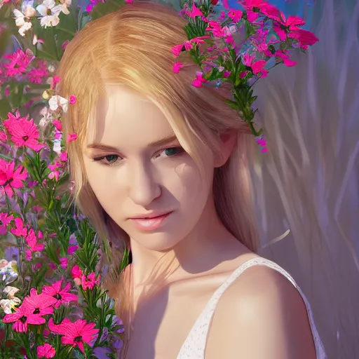 Image similar to blonde haired woman wearing white dress surrounded by flowers of many colors, sunlight beams, drawn by WLOP, trending on artstation, ultra detailed, 8K,