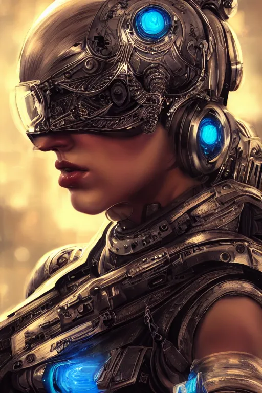 Prompt: ultra realist and ultra intricate detailed soft painting of a beautiful sci-fi armored female, thin lustrous long blond hair shaved on one side, symmetry features, glowing blue eyes, sensual gloomy style, volumetric clouds, cyberpunk background, military, assault rifle, artstation, unreal render, depth of field
