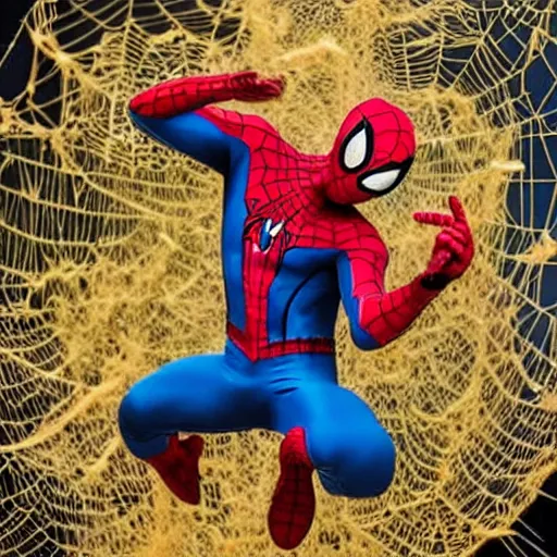 Prompt: realistic photo of spider - man shooting a web made of spaghetti